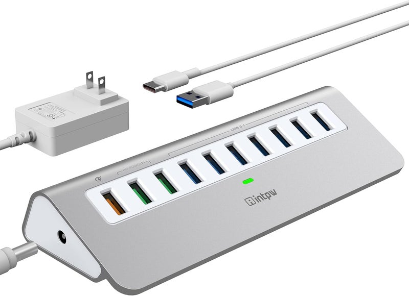 intpw Powered USB Hub 10Gbps, 10 Port USB 3.1 Gen 2 Hub with 7 USB 3.1 Data Ports, 3 Fast Charging Ports, 36W Power Adapter, Type A and Type C Cable, Aluminum USB Data Hub for Mac, PC, Laptop - Image 1